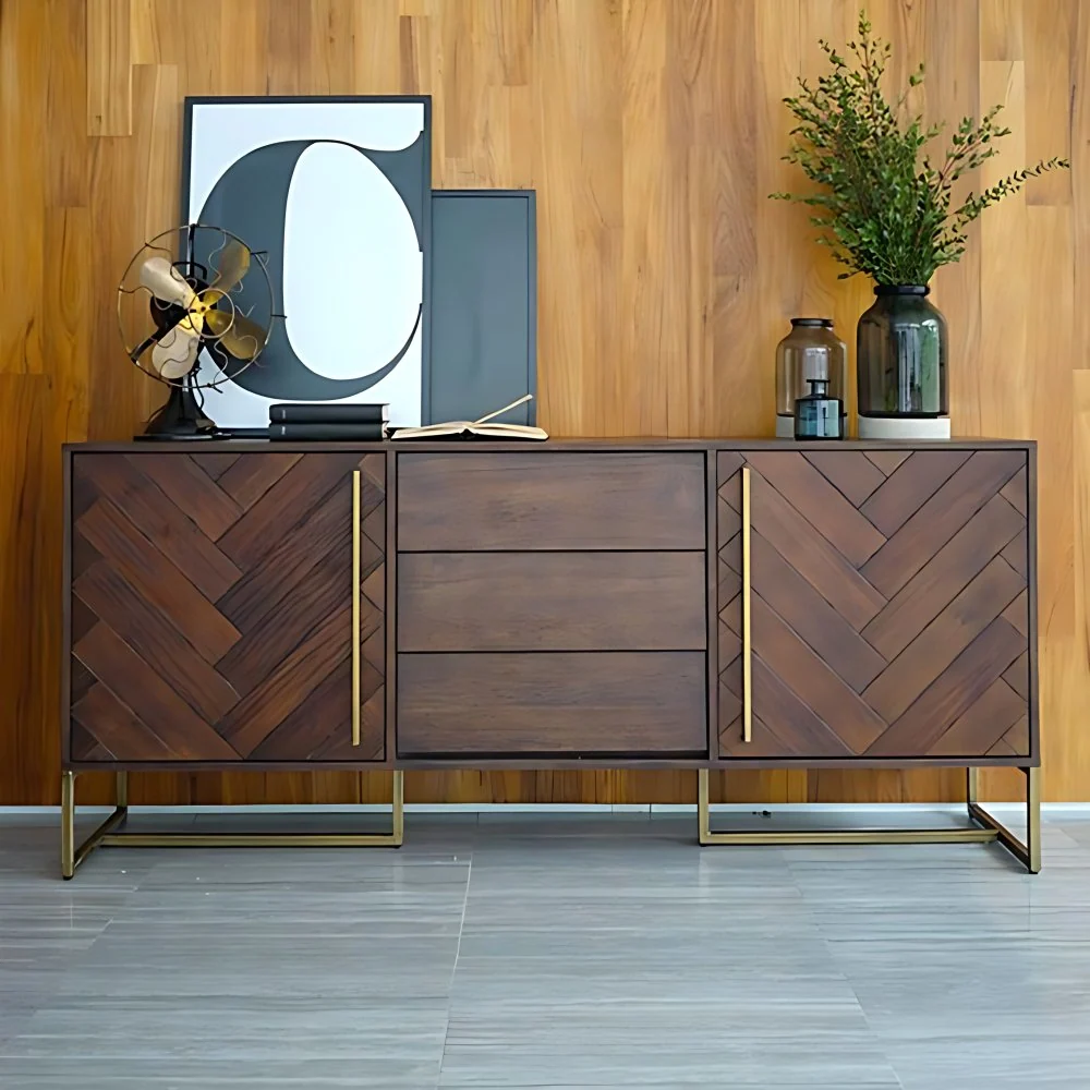 Mesa buffet Glam de 2 puertas, aparador de madera maciza con 3 cajones para sala de estar Marron Clearhalo