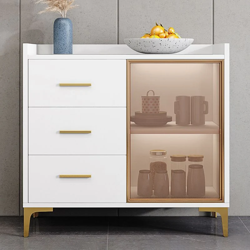 Mesa buffet de madera con tablero lateral estilo Glam con gabinetes y cajones Blanco Clearhalo