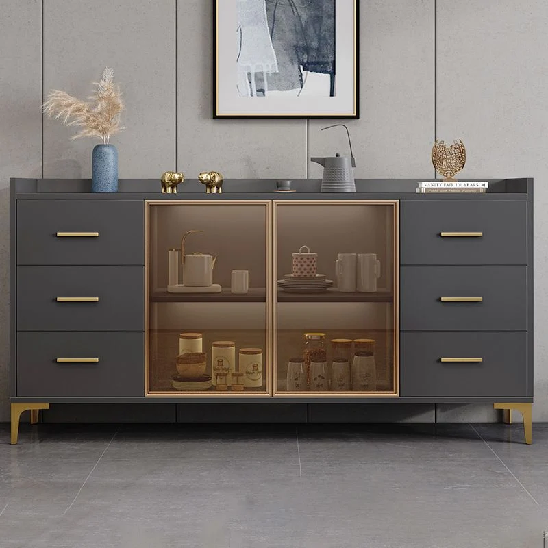 Mesa buffet de madera con tablero lateral estilo Glam con gabinete y cajones Gris Clearhalo