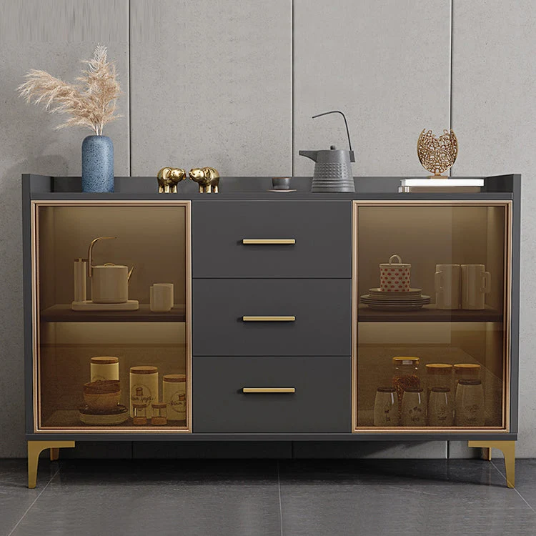 Mesa buffet de madera con tablero lateral estilo Glam con gabinete y cajones Gris Clearhalo