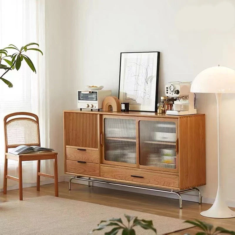 Mesa de buffet marrón con estanterí ajustable, servidor de comedor moderno de madera de cerezo, con puerta de cristal Clea...