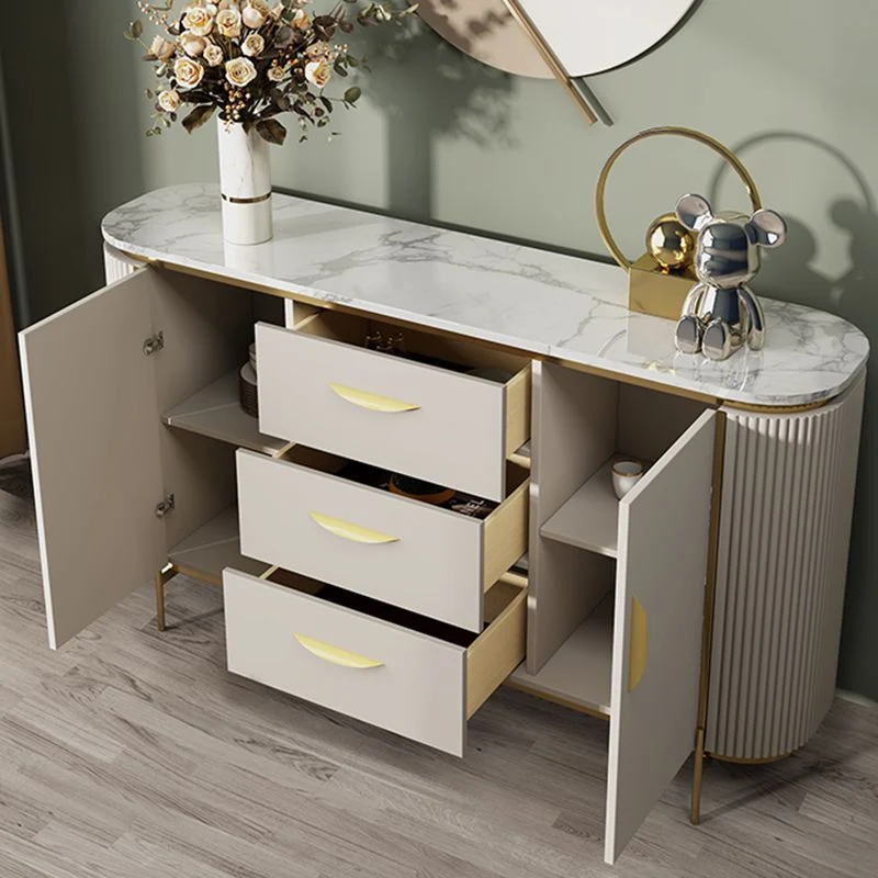 Mesa buffet moderna con tablero lateral de piedra con gabinetes y cajones Blanco Clearhalo