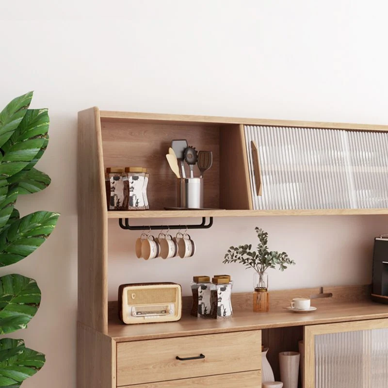 Mesa de buffet moderna de madera maciza de pino con tablero lateral de 4 cajones y puerta de vidrio Nuez Clearhalo