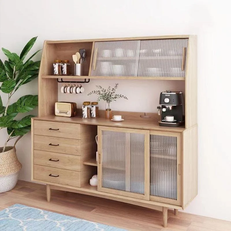Mesa de buffet moderna de madera maciza de pino con tablero lateral de 4 cajones y puerta de vidrio Nuez Clearhalo