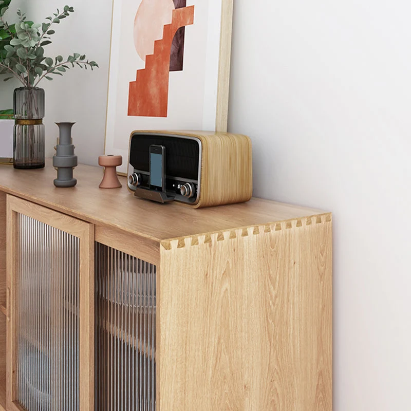 Mesa de buffet moderna de madera maciza de pino con tablero lateral de 4 cajones y puerta de vidrio Nuez Clearhalo