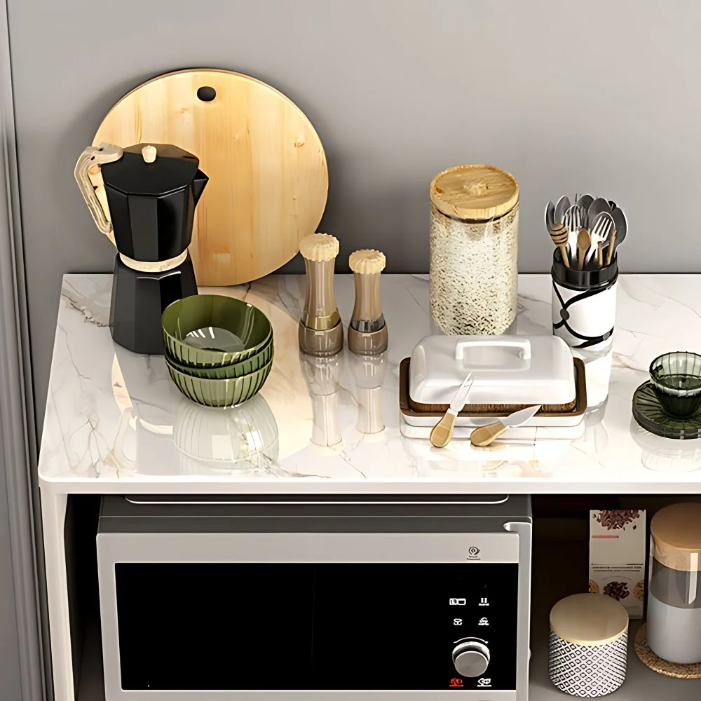 Mesa buffet de piedra, tablero auxiliar de estilo moderno con gabinetes y cajones Blanco Clearhalo