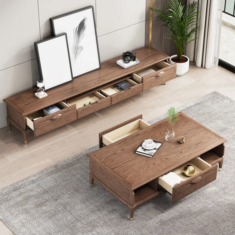 Mesa de centro rectangular de madera maciza, contemporánea, de 27" de ancho, con 4 patas y almacenamiento Clearhalo