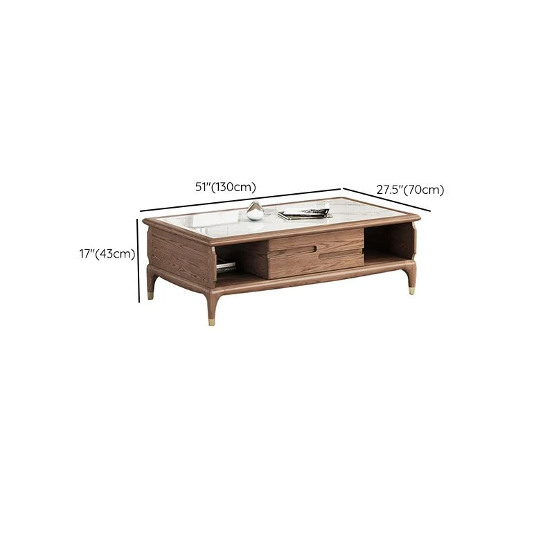Mesa de centro rectangular de madera maciza, contemporánea, de 27" de ancho, con 4 patas y almacenamiento Clearhalo