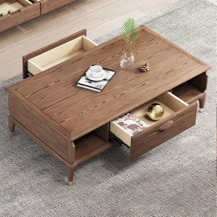 Mesa de centro rectangular de madera maciza, contemporánea, de 27" de ancho, con 4 patas y almacenamiento Clearhalo