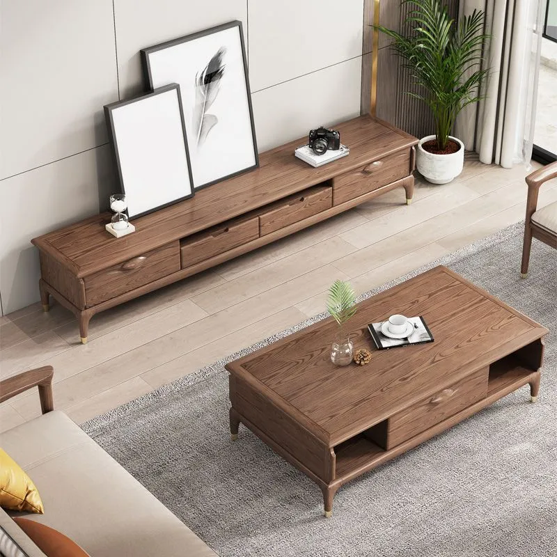 Mesa de centro rectangular de madera maciza, contemporánea, de 27" de ancho, con 4 patas y almacenamiento Clearhalo