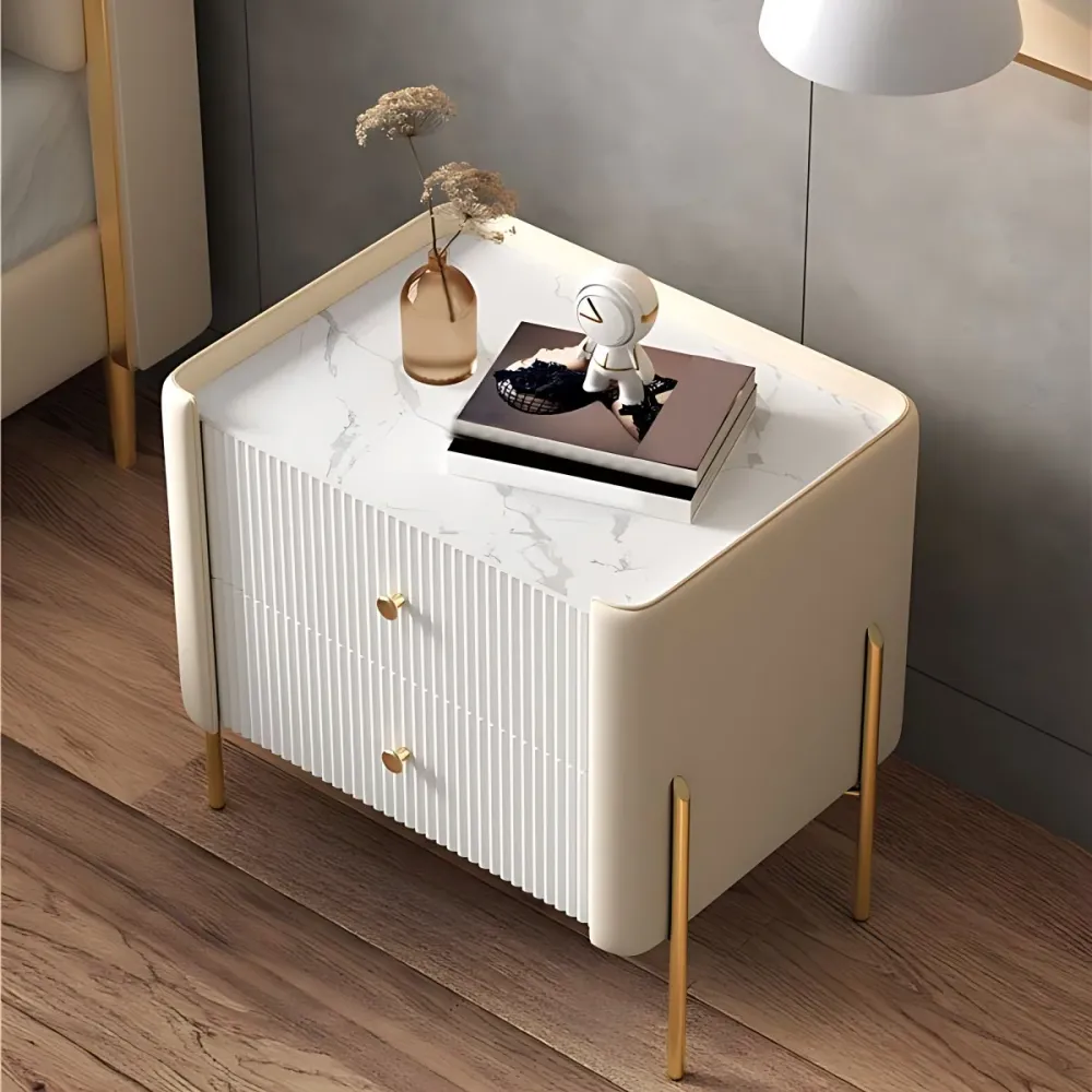 Mesa de noche de almacenamiento contemporánea, mesa decorativa con acabado pulido, mesita de noche con 2 cajones Naranja C...