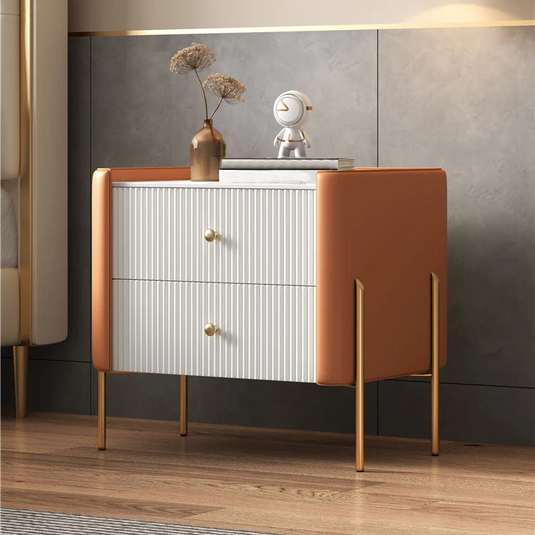 Mesa de noche de almacenamiento contemporánea, mesa decorativa con acabado pulido, mesita de noche con 2 cajones Naranja C...