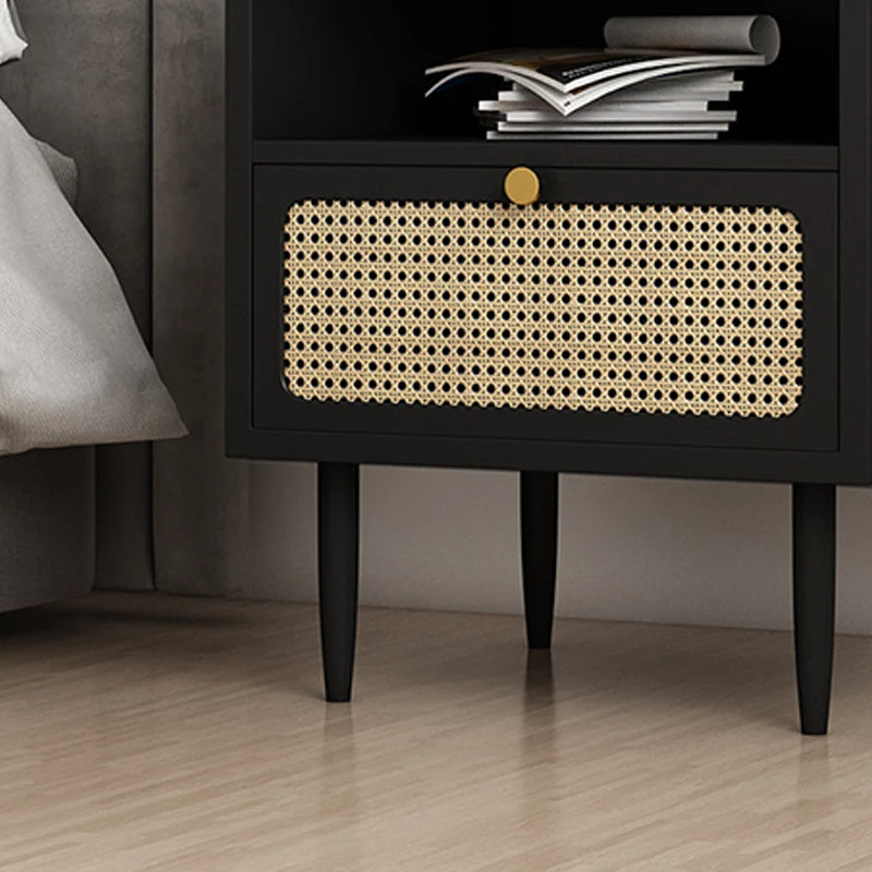 Mesa de noche moderna de mimbre y ratán, almacenamiento de madera maciza, mesita de noche de 20,47 pulgadas de alto Negro...