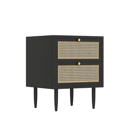 Mesa de noche moderna de mimbre y ratán, almacenamiento de madera maciza, mesita de noche de 20,47 pulgadas de alto Negro...