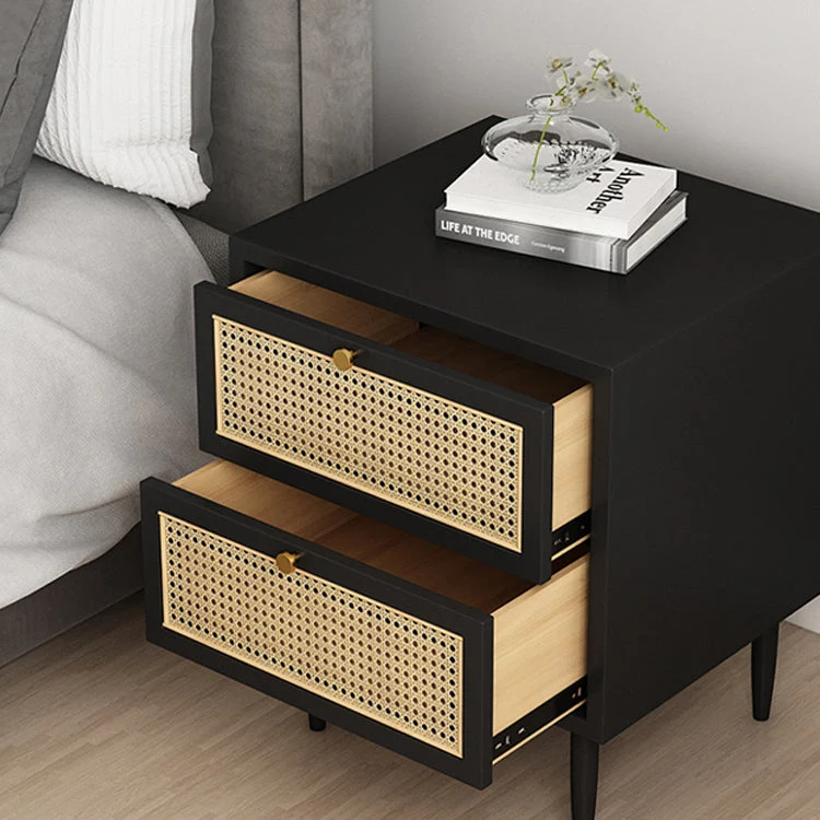 Mesa de noche moderna de mimbre y ratán, almacenamiento de madera maciza, mesita de noche de 20,47 pulgadas de alto Negro...
