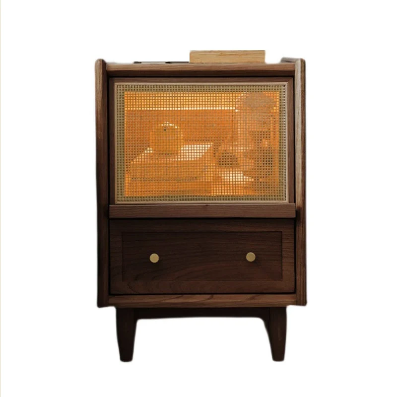 Mesa de noche moderna de mimbre y ratán Mesita de noche con almacenamiento de madera maciza Marron Clearhalo