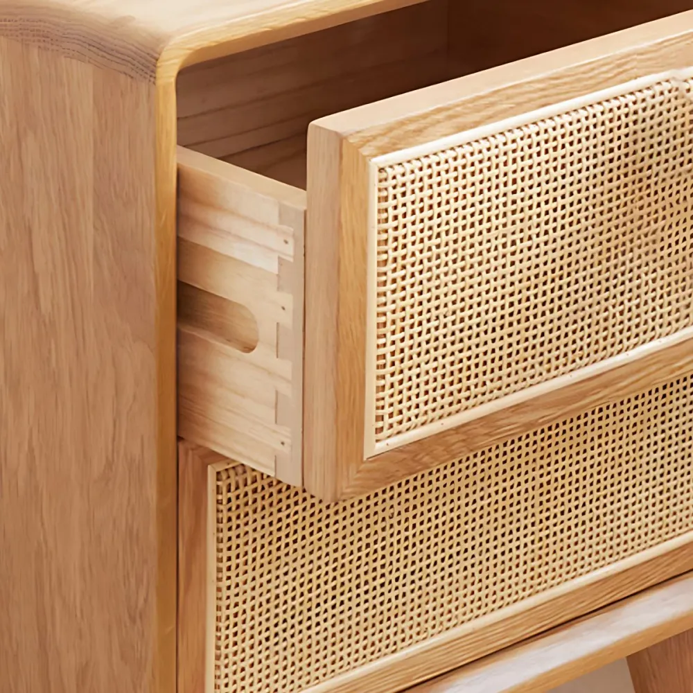 Mesa de noche moderna de mimbre y ratán Mesita de noche con almacenamiento de 2 cajones de madera maciza Marron Clearhalo