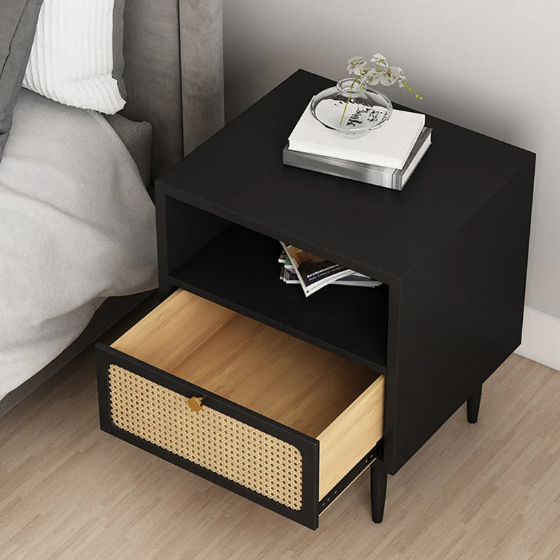 Mesa de noche moderna de mimbre y ratán, mesita de noche con almacenamiento de 2 cajones de madera maciza en negro/blanco...