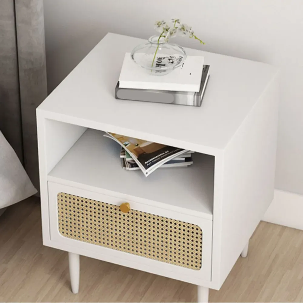 Mesa de noche moderna de mimbre y ratán, mesita de noche con almacenamiento de 2 cajones de madera maciza en negro/blanco...