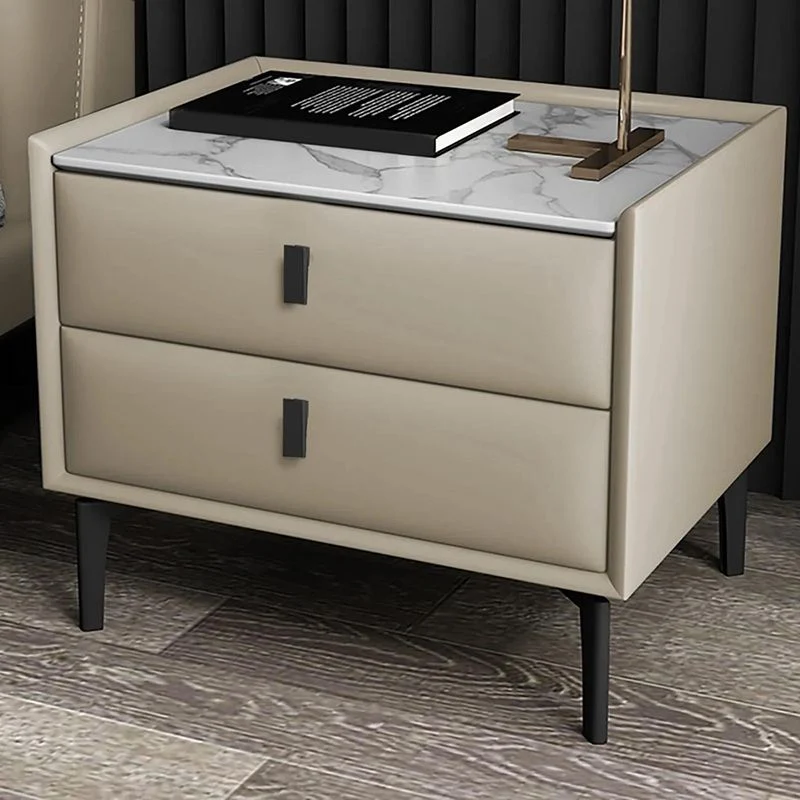 Mesita de noche con acabado antiguo, mesa decorativa contemporánea con 2 cajones Caqui Clearhalo