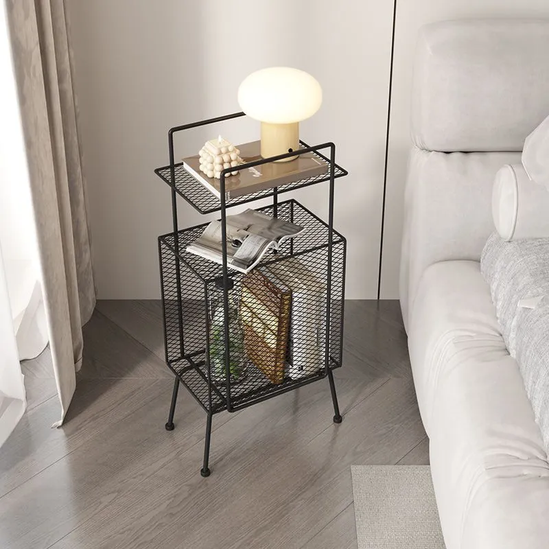 Mesita de noche con acento de metal, estantes, mesita de noche de almacenamiento para dormitorio Negro Clearhalo