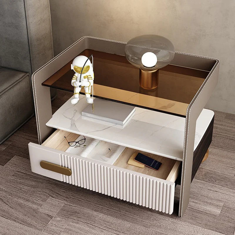 Mesita de noche con 1 cajón, mesa de noche de almacenamiento abierta con tapa de vidrio de 14,6" de ancho para dormitorio...