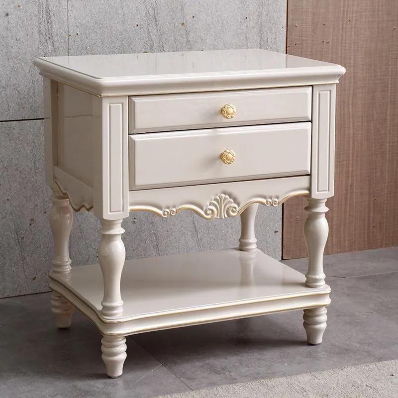 Mesita de noche con detalles de madera maciza, cajones incluidos, mesa de noche con patas Blanco Clearhalo