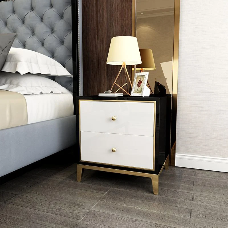 Mesita de noche con mesa decorativa de vidrio Mesita de noche contemporánea con 2 cajones Negro Clearhalo