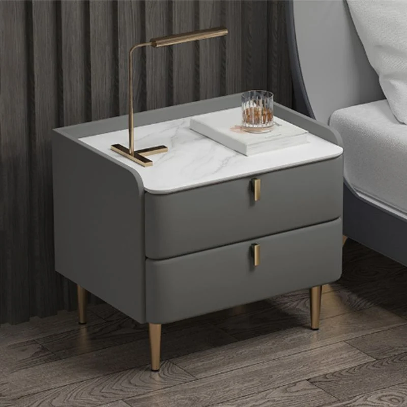 Mesita de noche con patas de mesa doradas, marco de madera maciza, dos cajones, cuero, gris/caqui/beige/azul Gris Clearhalo