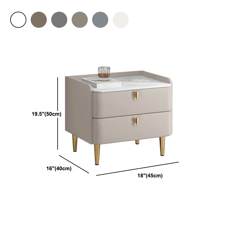 Mesita de noche con patas de mesa doradas, marco de madera maciza, dos cajones, cuero, gris/caqui/beige/azul Gris Clearhalo