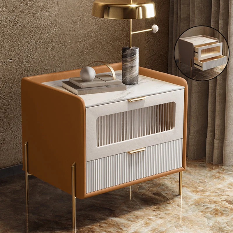 Mesita de noche con tapa de piedra/vidrio de 18,9"/20,5" de altura, mesita de noche moderna de 1/2 cajón Naranja Clearhalo