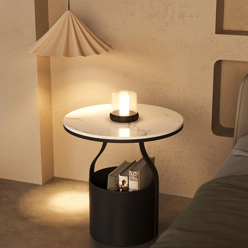 Mesita de noche contemporánea con almacenamiento abierto, mesita de noche con acento de piedra para dormitorio Blanco Clea...