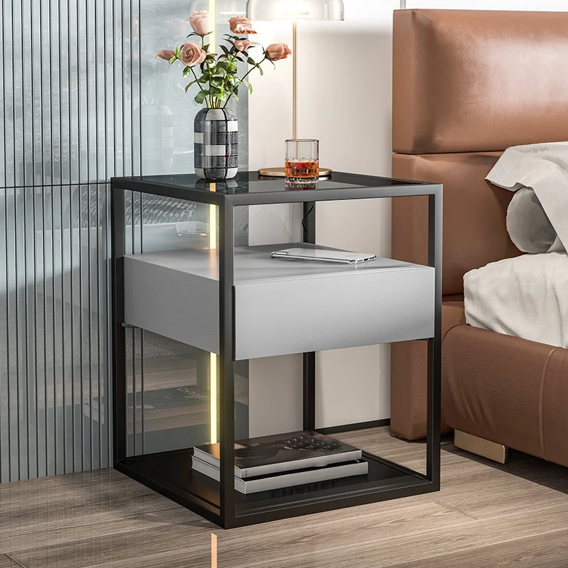 Mesita de noche contemporánea con 1 cajón y tapa de vidrio, 21.3" de alto Negro Clearhalo