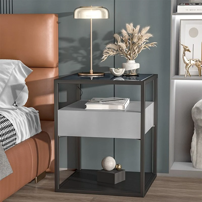 Mesita de noche contemporánea con 1 cajón y tapa de vidrio, 21.3" de alto Negro Clearhalo