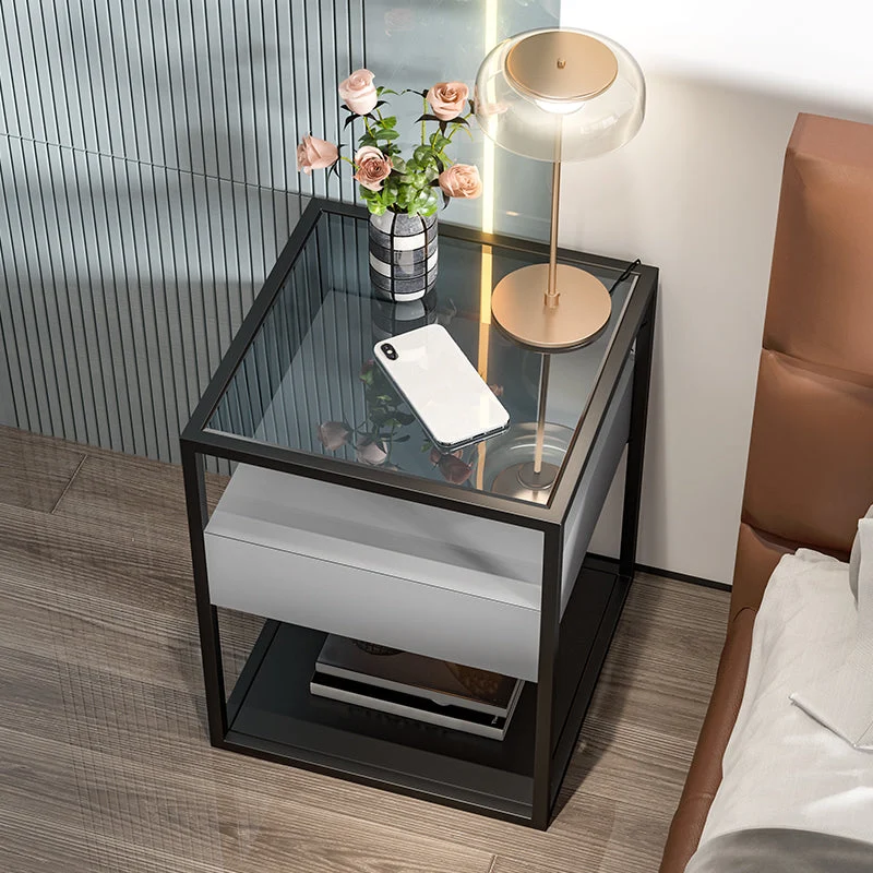 Mesita de noche contemporánea con 1 cajón y tapa de vidrio, 21.3" de alto Negro Clearhalo