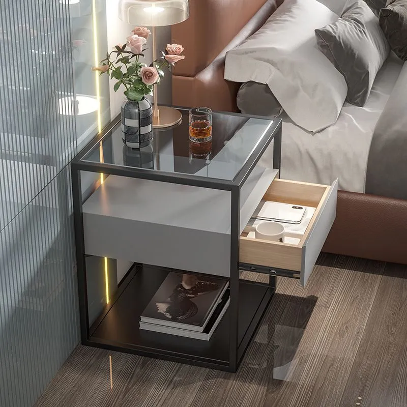Mesita de noche contemporánea con 1 cajón y tapa de vidrio, 21.3" de alto Negro Clearhalo