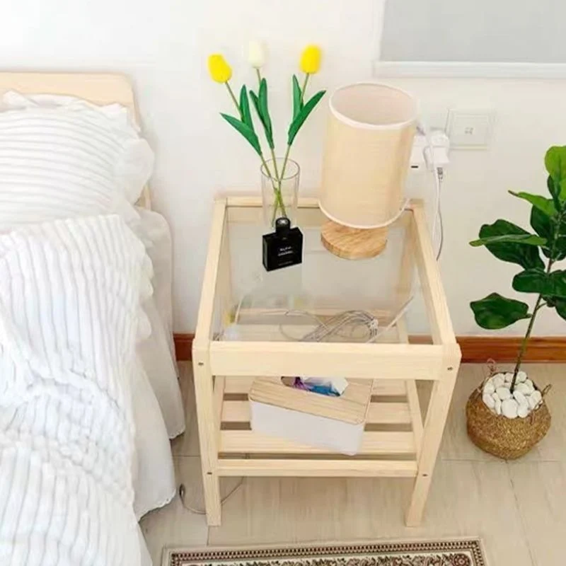 Mesita de noche contemporánea con tapa de vidrio, mesa de noche abierta con patas, 19,7 pulgadas de alto Naturales Clearhalo