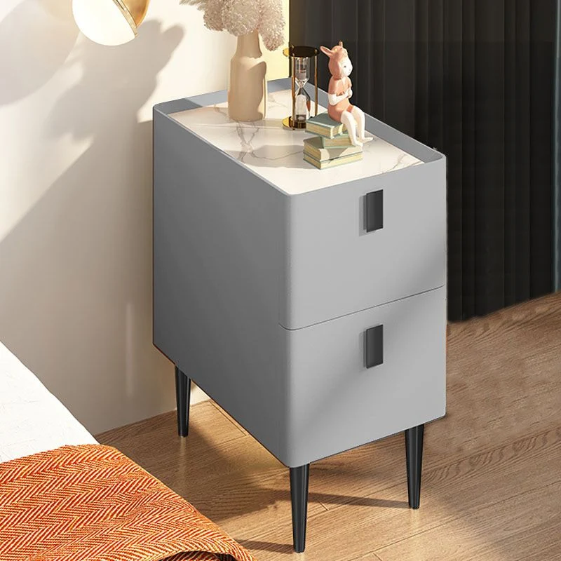 Mesita de noche contemporánea de madera maciza, mesa de noche con tapa de piedra y 2 cajones Blanco Clearhalo