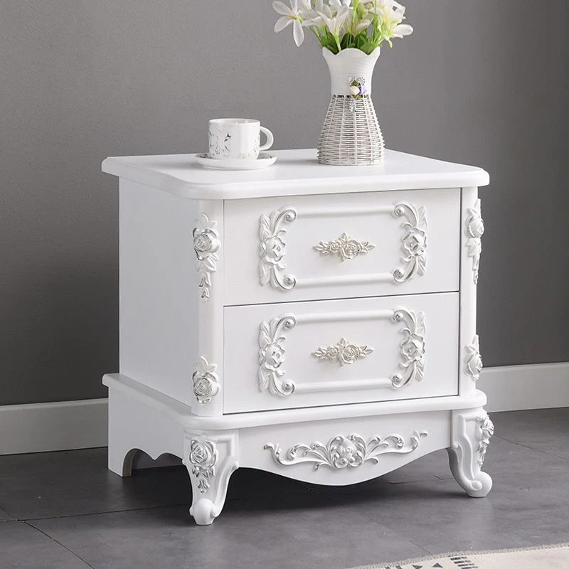 Mesita de noche francesa con tapa de madera, mesa de noche blanca con dos cajones y cuatro patas Blanco Clearhalo