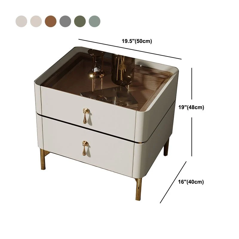 Mesita de noche Glam con 2 cajones, tapa de vidrio, patas de 19 pulgadas de alto, mesa de noche incluida Verde Clearhalo
