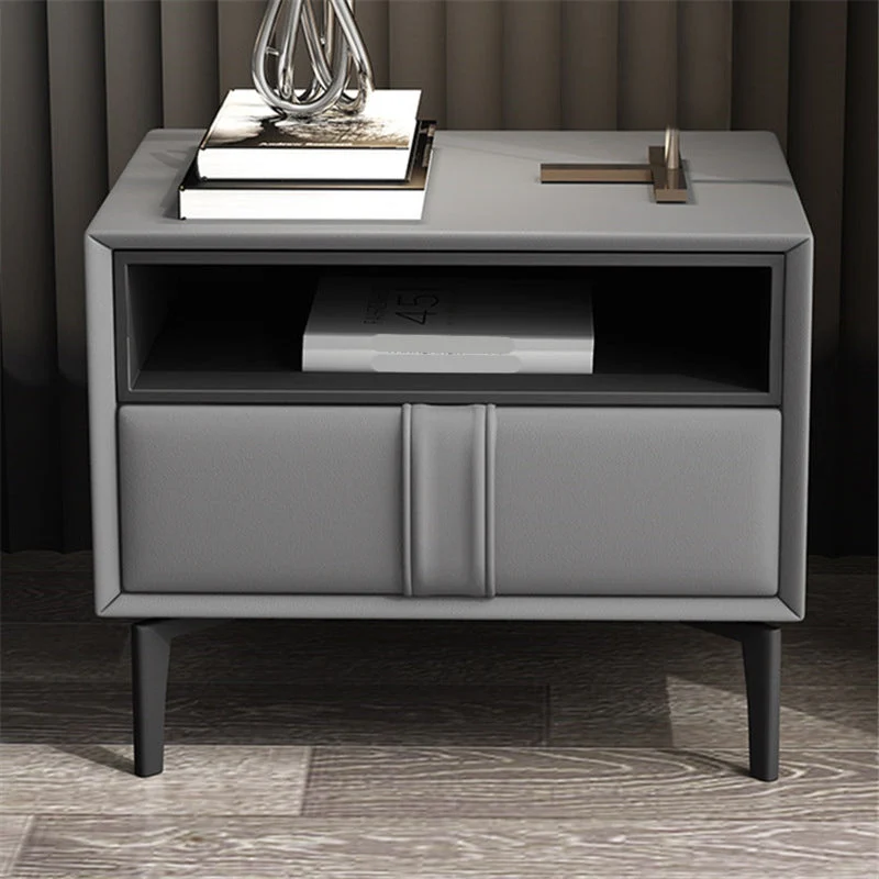Mesita de noche de madera y cuero Mesita de noche abierta minimalista moderna con cajones Blanco Clearhalo