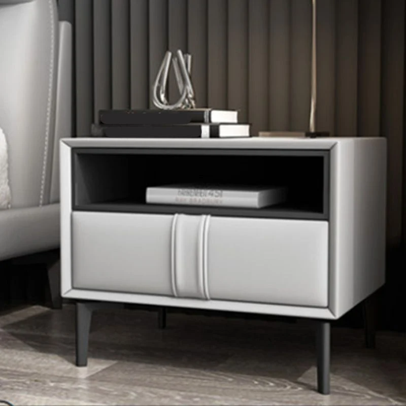 Mesita de noche de madera y cuero Mesita de noche abierta minimalista moderna con cajones Blanco Clearhalo