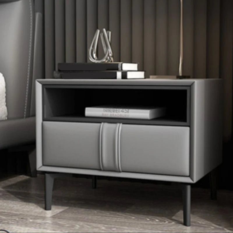 Mesita de noche de madera y cuero Mesita de noche abierta minimalista moderna con cajones Blanco Clearhalo