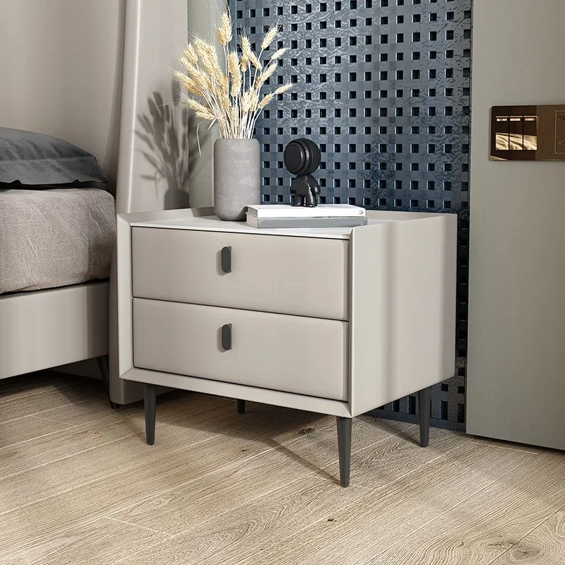 Mesita de noche de madera y cuero Mesita de noche minimalista moderna con cajones Gris Clearhalo