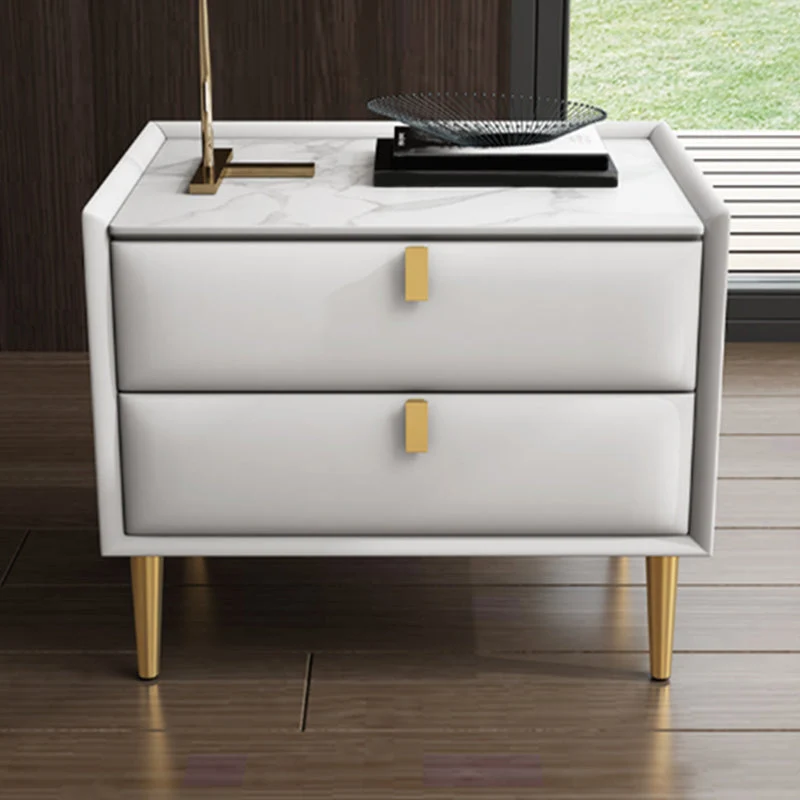 Mesita de noche de madera maciza, mesita de noche moderna con tapa de piedra de 2 cajones Azul Clearhalo