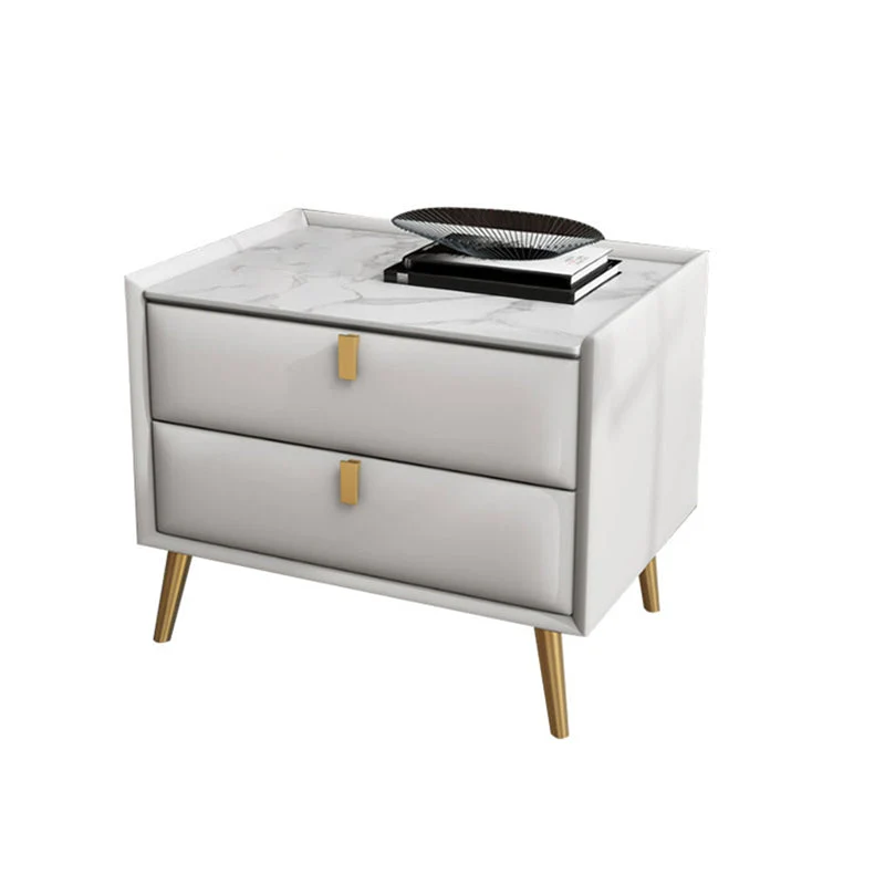 Mesita de noche de madera maciza, mesita de noche moderna con tapa de piedra de 2 cajones Azul Clearhalo