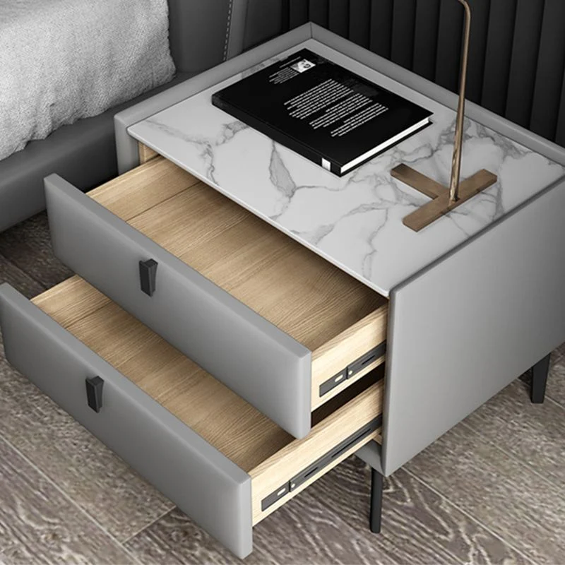 Mesita de noche de madera maciza, mesita de noche moderna con tapa de piedra de 2 cajones Azul Clearhalo