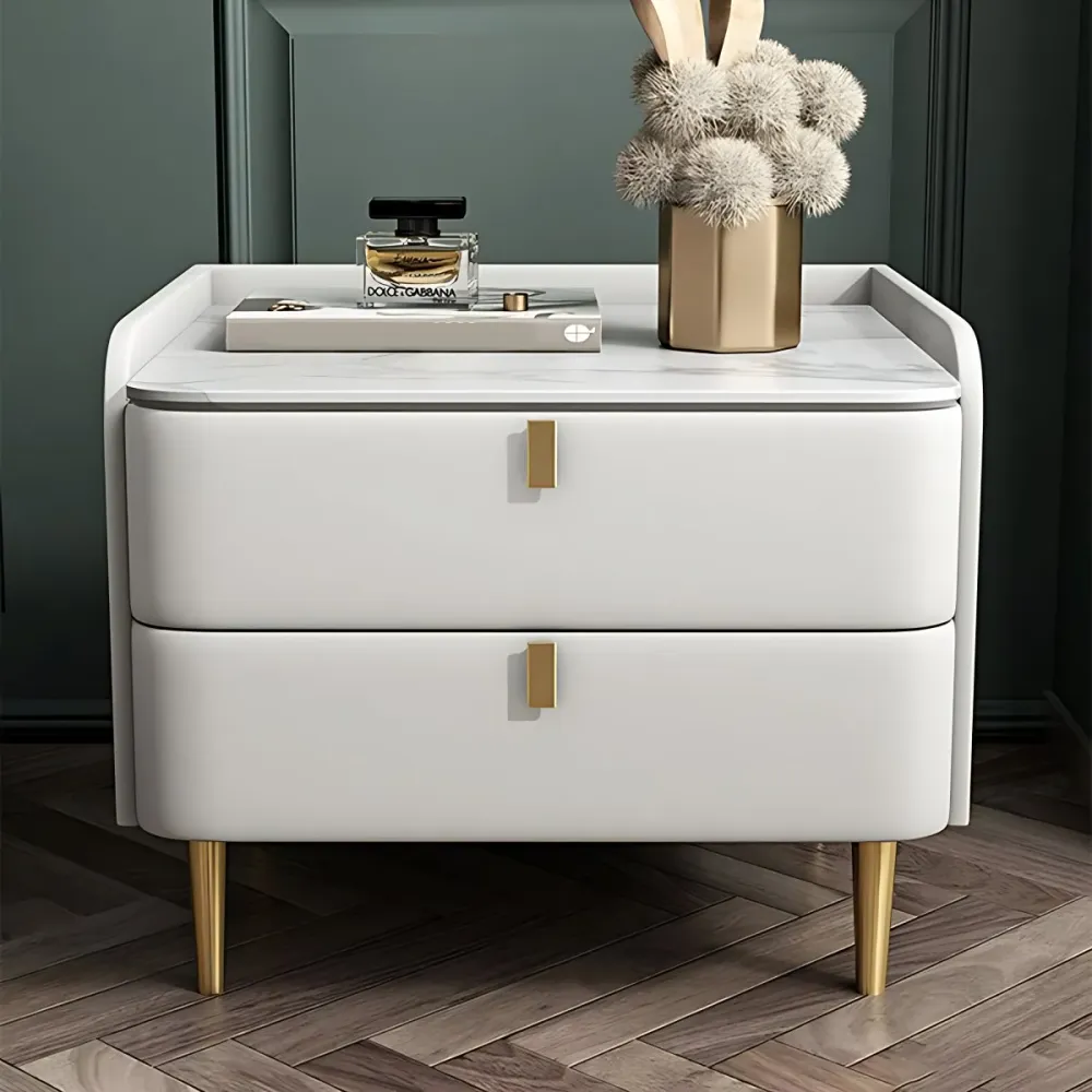 Mesita de noche de madera sintética, mesa decorativa Glam, mesita de noche con 2 cajones Gris Clearhalo