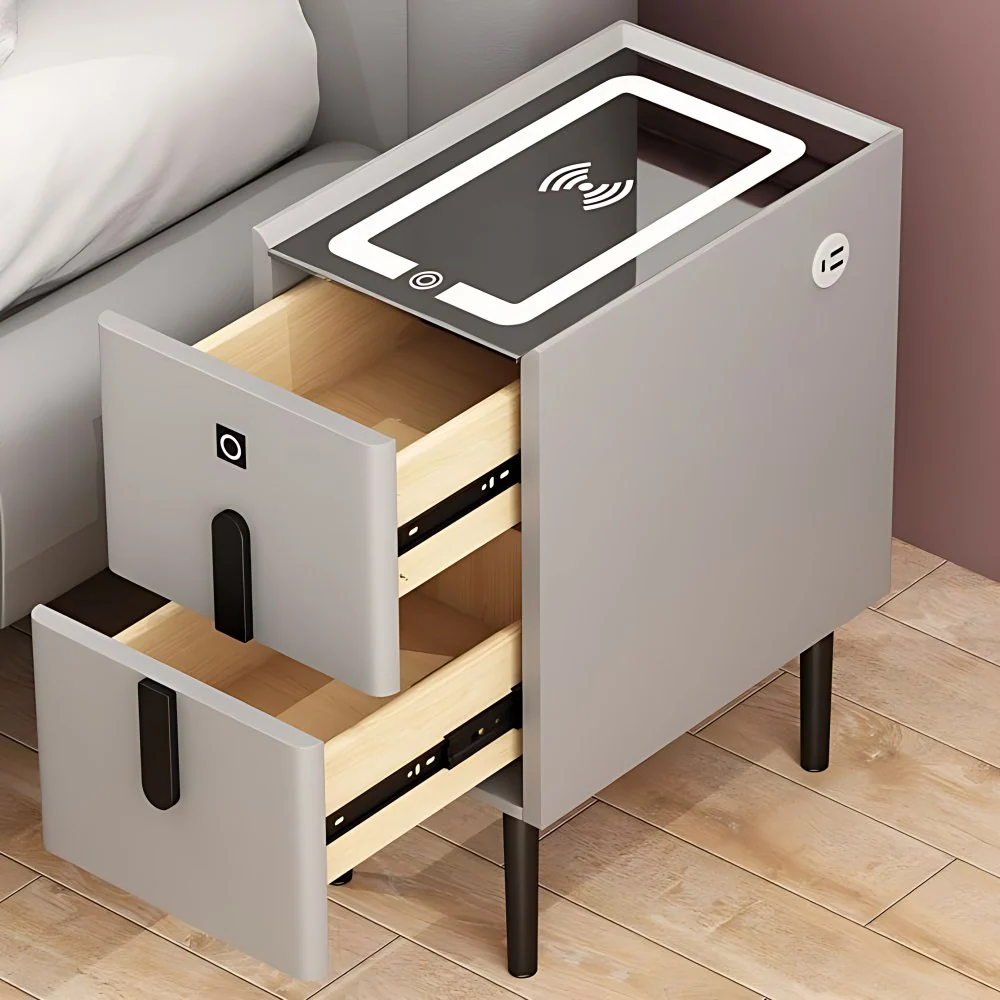 Mesita de noche de madera y vidrio Mesita de noche minimalista moderna con patas Blanco Clearhalo
