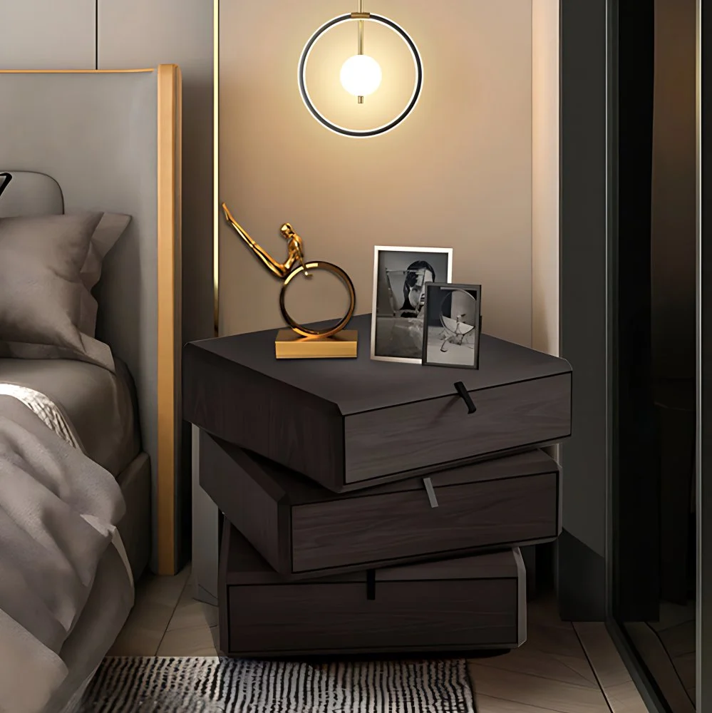 Mesita de noche moderna de madera maciza de 19" de alto con 3 cajones Negro Clearhalo